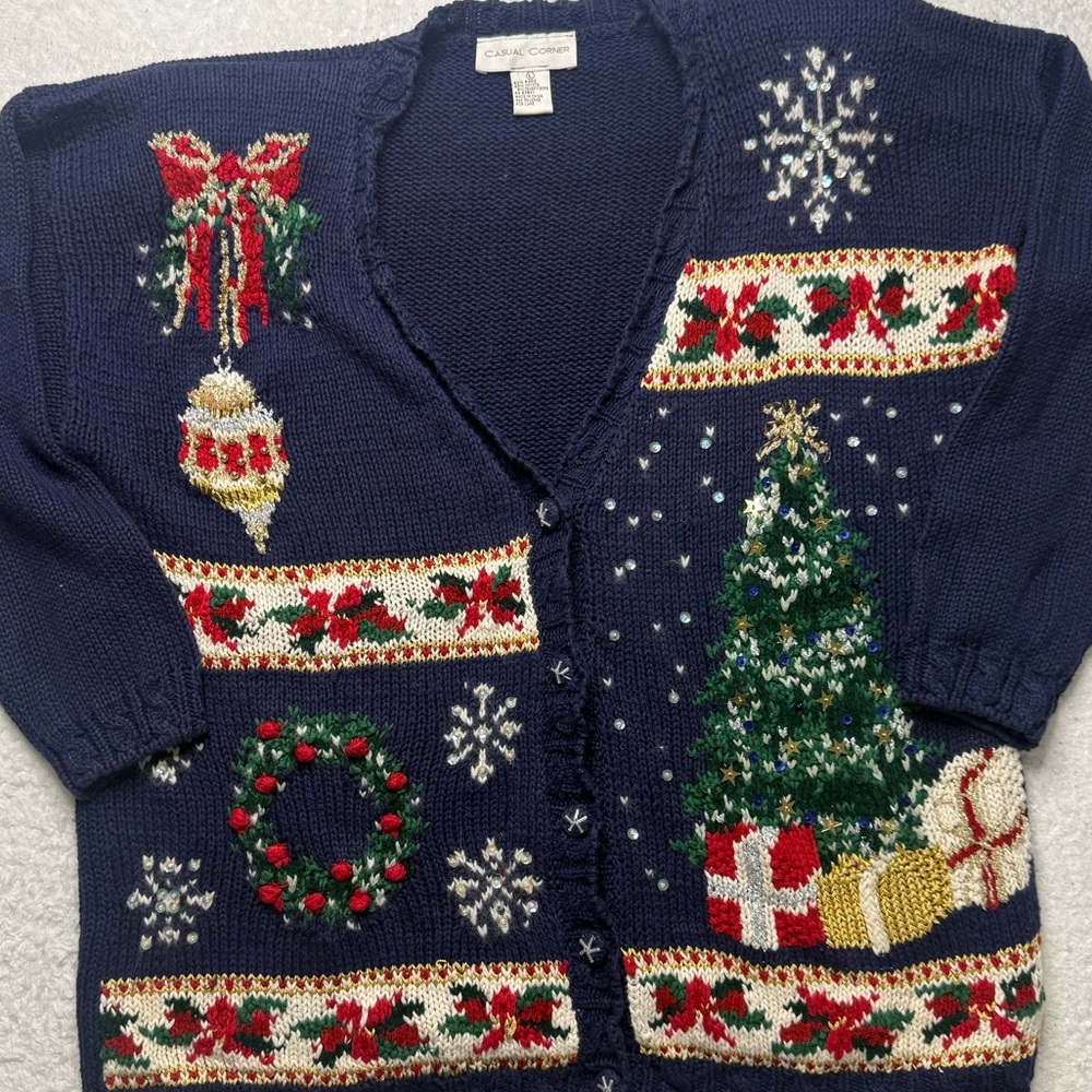 Vintage Casual Corner Blue  Holiday Christmas‎ Cardigan Sweater Large Knit - Picture 9 of 16